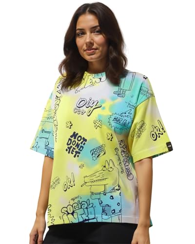 Image of Bewakoof Women's All Over Printed Oversized Fit Half Sleeve Round Neck Cotton Jersey T-Shirt