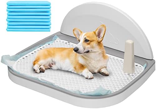 CHPPEY Puppy Dog Potty Tray - Pee Pad Holder, Mesh Training Toilet for Indoor or Porch, Portable Dog Litter Box with Removable Post and Splash Wall for Small and Medium Dogs, Bunny, Cats. White