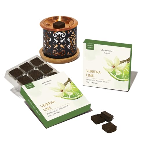 Aromafume Verbena Lime Incense Bricks (2 x 9 Bricks) & Taj Exotic Burner by Aromafume | Ideal for mood upliftment & positivity | Natural, Low Smoke, Non-toxic Incense Bricks