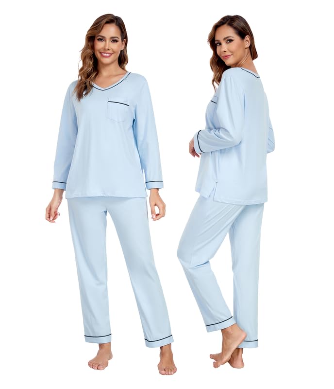 COLORFULLEAF 100% Algodón Pijama Mujer Largo Pijama Dos Piezas Conjunto de Salón Escote en V Ropa de Dormir Manga Larga Loungewear