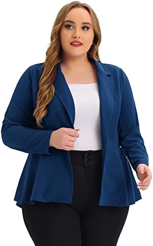 Agnes Orinda Women's Plus Size Blazer Ruffle V Neck Button Notch Panel Peplum Blazers 1X Roral Blue