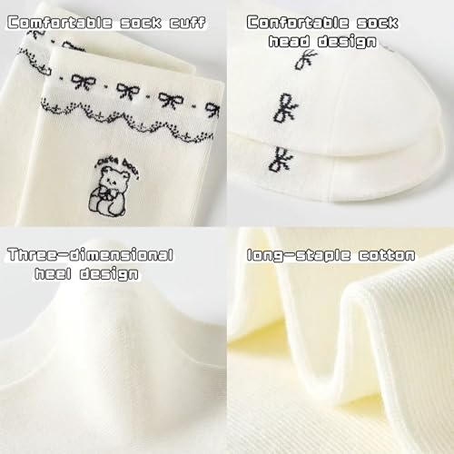 5 Pairs Cute Socks for Women-Cotton Mid Calf Socks - Floral & Cartoon Design with Ruffle Trim3