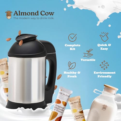 Image of Almond Cow Milk Maker Machine, Milk in a Minute Bundle, Includes 3 Creamy CocoCash & 3 Original Almonds 'n' Dates, Glass Milk Jug, & Jug Brush