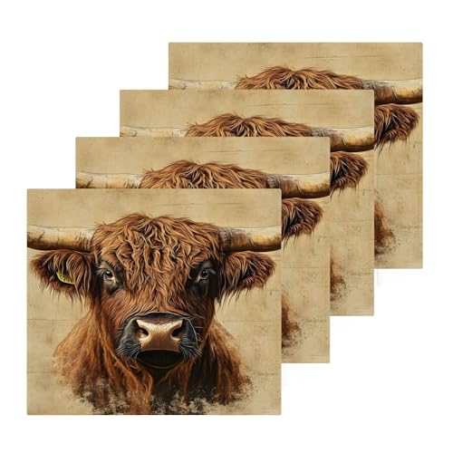 YANENDIE Vintage Highland Cow Washcloths Towels, Highly Absorbent and Soft Cotton Face Cloths, 4 Pack Quick Dry Wash Cloths - 12 X 12 Inches