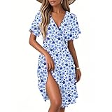 Caractéristiques: Robe d'été avec un col en V, pression ponctuelle, pression florale, forme A, manches courtes, ourlet à la longueur du genou. L'ourlet rassemblé rend cette robe simple et élégante afin que vous puissiez montrer un charme unique.