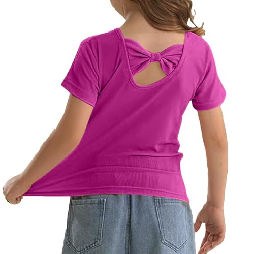 Girls Summer T Shirts Back Bowknot Design Toddler Kids Casual Crewneck Short Sleeve Loose Tee Tops 1-8 Years
