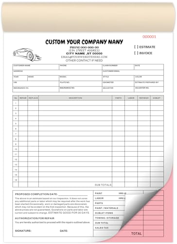 Custom NCR Auto Car Vehicle Inspection Report Form, Visual Vehicle Inspection Checklist Invoices, Work Orders,Estimate Forms,with Your Company Name,Address,2 Books (100 Sets) (Template 2)