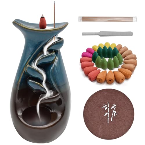 Yiomxhi Bruciatore Incenso Riflusso di Ceramica, Porta Incenso di Flusso Inverso a Cascata con 30 Coni e 20 Bastoncini di Incenso, Fontana Brucia Incenso per Decorazione Casa