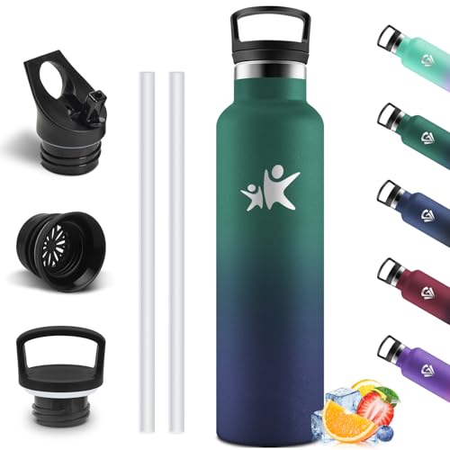 Motswedi Botella Agua Acero Inoxidable 1L, Sin BPA​, Botella Térmica​ de Doble Pared, Cantimplora​ con 2 Tapones Intercambiables Antigoteo, Garrafa Termica GimnasioPortáti