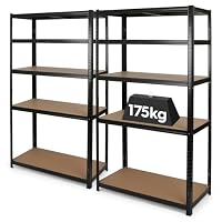 Harbour Housewares 5-Tier Steel Garage Shelving Units Set - Matt Black - 2pc Heavy Duty Free Standing Industrial Shed Storage Racking Shelves | Boltless Assembly | 875kg Capacity | 90 x 40 x 180cm
