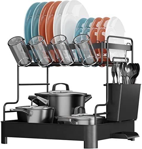 pickpiff 2 Tier Dish Drying Rack, Dish Drainer Rack with Drip Tray (31.5 * 29.7 * 30cm), Premium Material Kitchen Dish Drainer Rack, Kitchen Counter Sink Drainer Rack Counter (Black)