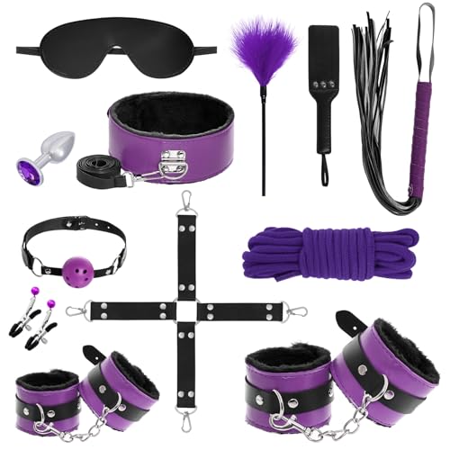 12er BDSM Bondage Set Fesselset Erotik SM Sex Spielzeug Zugband Handschellen Knöchelmanschetten Analplug Nippelklemmen Ballknebel Federkitzler Augenmaske Peitsche Paddel Baumwollseil (lila & schwarz)