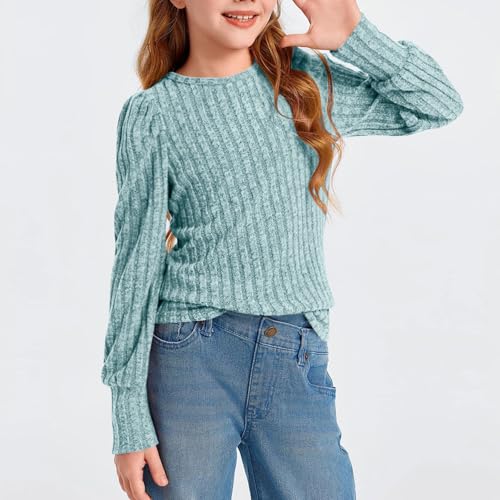 Girls 2025 Ribbed Knit Sweatshirt Ruched Cuff Long Sleeve Top Crew Neck High Elastic Pullover Warm Sweatshirts2