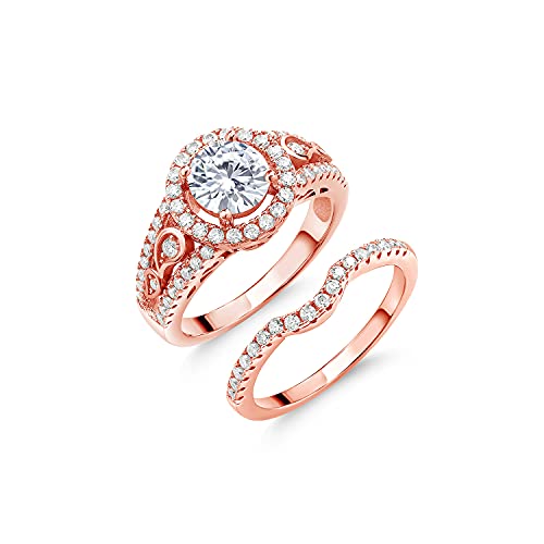 Gem Stone King 18K Rose Gold Plated Silver White Moissanite Wedding Engagement Ring Band Bridal Set For Women | 1.74 Cttw | Round 6.5MM | Available In Size 5, 6, 7, 8, 9