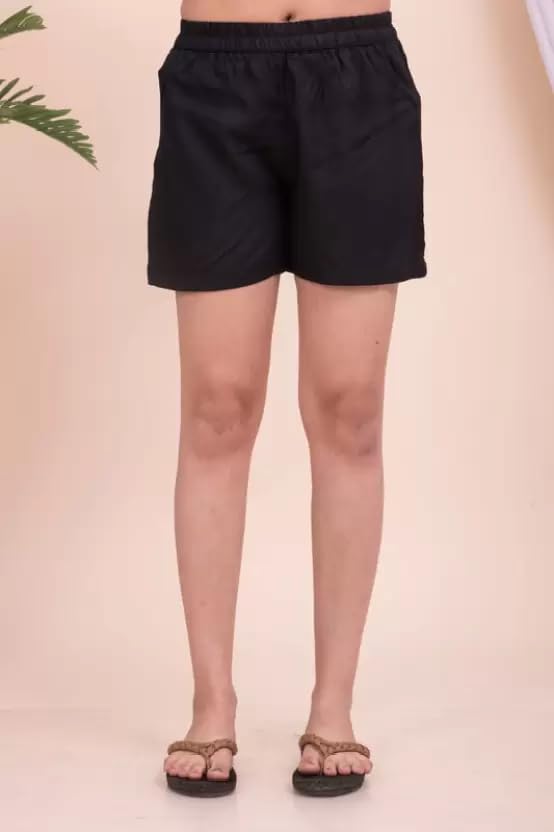 Image of Women's Cotton Regular Relaxed Fit Solid Print Design Thigh Length Casual Summer Running Yoga Gym Night Wear Shorts Elastic Waistband and Drawstring with Pocket