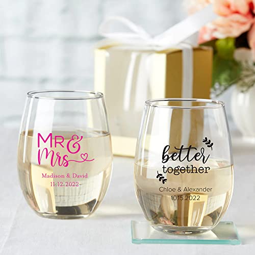 Kate Aspen Personalized 9 Oz. Stemless Wine Glass - 320Pcs/Silver- For Wedding, Baby Shower, Party With Customized Designs Text Lines #TOP3
