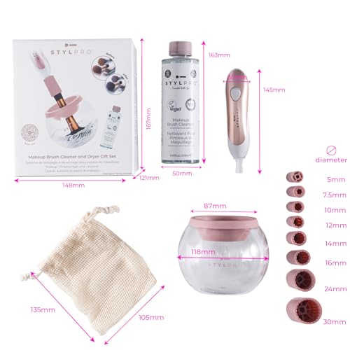 StylPro ?Geschenkset Kit?Elektrischer Make-up-Pinselreiniger und Trocknermaschine mit 8 Pinselkragen, Pinselreiniger - Schneller automatischer Spinning Pinselreiniger mit hitzebeständiger Schale