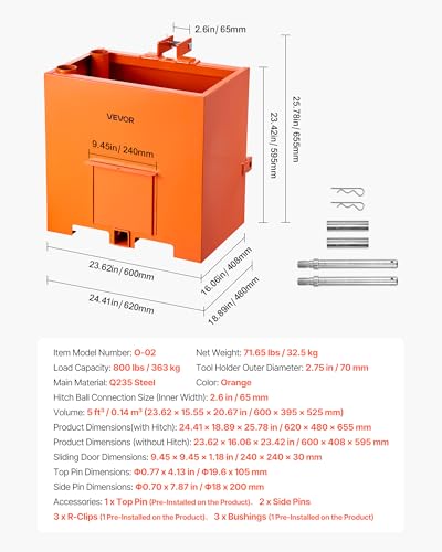 Image of VEVOR Ballast Box, 3-Point Category 1 Tractor Ballast of 800 lbs Capacity, with Standard 2 Inch Hitch Receiver, Heavy-Duty Steel 5 ft Large Volume Durable Loader Attachment with Sliding Door, Orange