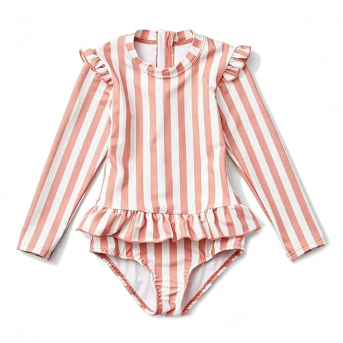 Image of Girls One Piece Swimsuits Zipper Rash Guard Long Sleeve Bathing Suit with Ruffle Hem UPF50+