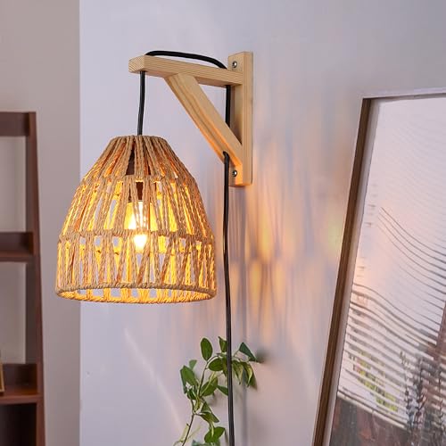 Image of SUNLLOK Modern Plug in Bamboo Wall Light Fixture - Basket Rattan Lampshade Chandelier Hanging Wall Mounted Lamp with Switch, Indoor Wood Wicker Wall Sconces for Kitchen Island Living Room Restaurant