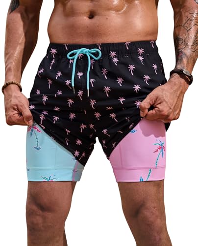 ERECT PEAK Mens Fashion Swim Shorts Comfortable Spring Board Shorts 5'' 6 Inch Inseam Bathing Beach Vacation UPF 50+ Pockets Print Dry Fit Compression Liner Drawstring Trunk Pink Coconut M