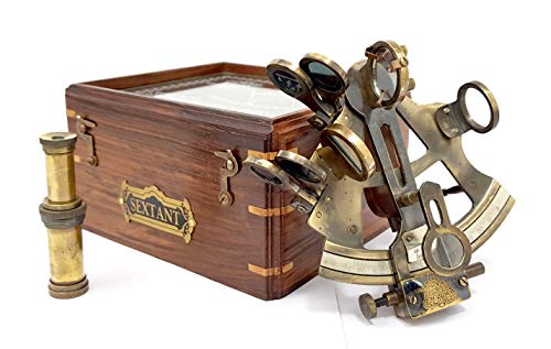 The New Antique Store - Brass Sextant Instrument Nautical Sextent For Navigation Gift Marine Antique Functional Astrolabe, In Hardwood Gift Box #TOP1