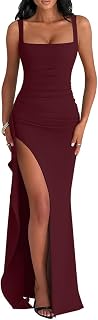 Women's Elegant Square Neck Sleeveless Bodycon High Split Ruched Long Formal Evening Dress
