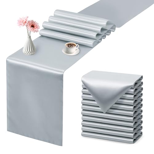 EBOEN 12 Pack Satin Table Runner, 12x108 Inches Long, Silk-Like Smooth Satin Table Decor for Wedding, Birthday Party, Banquets Decorations, 12 Pack, Silver