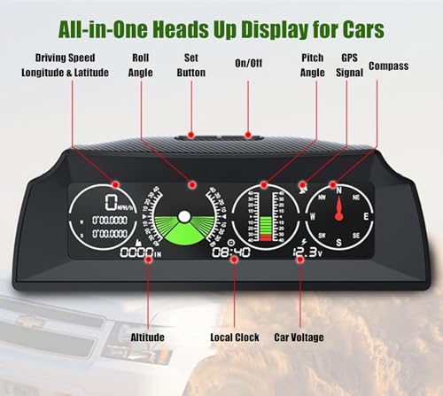 Car Inclinometer, HUD GPS Speedometer MPH KMH, Digital Level Tilt Gauge Compass Altimeter Night Vision Universal for Cars SUVs Trucks Offroad Vehicles Dashboard - Thumbnail 2