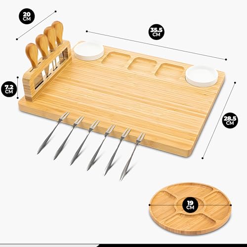 Kicinn Servierplatte aus Bambus – 35 x 28 cm Käseplatte Set mit 2 Dip-Schälchen, 4 Käsemessern, 6 Gabeln & runder Mini-Servierplatte – robust & nachhaltig, ideal für Käse & Snacks
