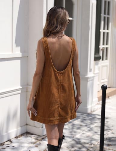 Image of Hooever Women's Corduroy Overall Dress Round Neck A Line Skirtall Jumper Mini Dress Pinafore with Pockets