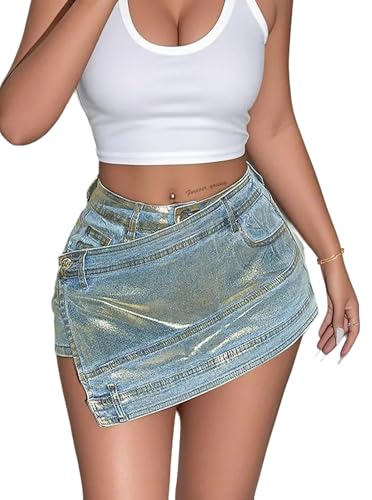 Avanova Women Denim Mini Skirt Jean Skort Sexy High Waist Asymmetrical Wrap Stretch Short Skirts Blue Gold Large