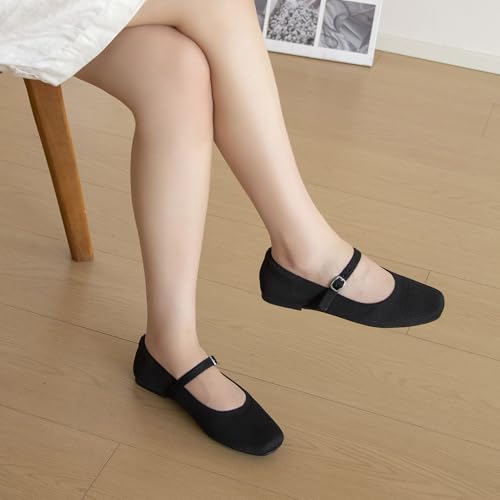 Square Toe Mary Jane Flats for Women Dressy Comfortable Knit Ballet Flat Adjustable Strap for Work3