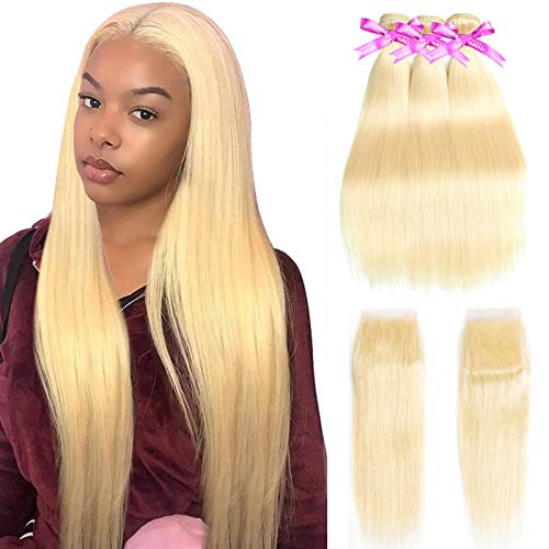 MYDIVA 613 Bundles with Closure Brazilian Straight Human Hair Bundles with Closure 100% Human Hair Weave with Lace Closure (20 22 24+18, bundles with closure)