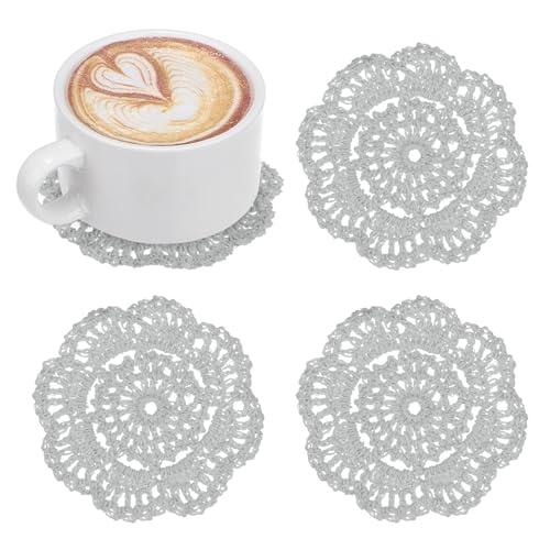 M METERXITY 4-Pack Handmade Crochet Coasters, 4Inch/10cm Round Cotton Placemats for Table/Cup/Bowl/Vase/Tea Trays/Home Decoration, Lace Doilies Place Mats [Light Gray]