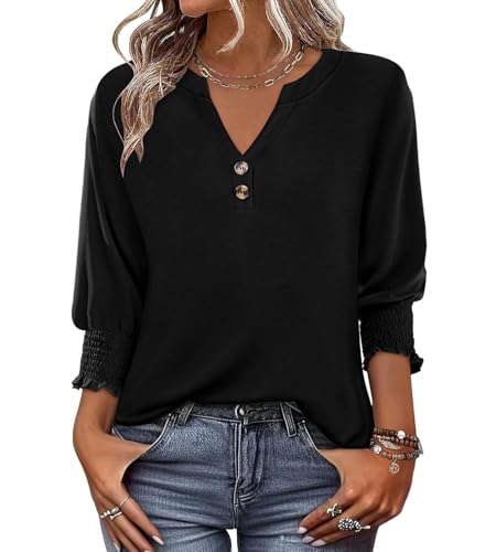 Hount Black 3 4 Sleeve Tops for Women V Neck 2026 Spring Tops Three Quarter Sleeve Polyester Blouses Button Shirts Casual Plus Size Henley Tops 2XL