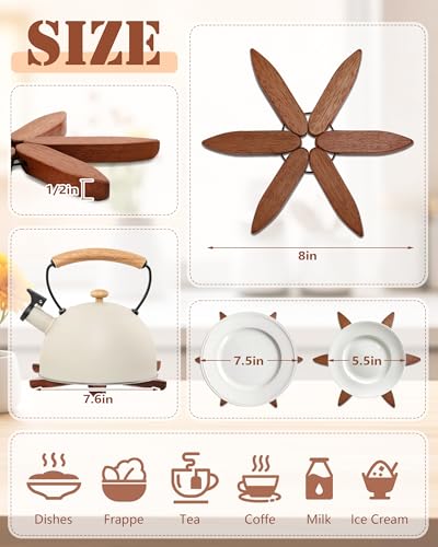 8 Inch Wooden Trivets for Hot Dishes, Hot Pots and Pans, Anti Stain Wood Pot Holders for Kitchen Counter Decor, Wooden Collapsible Tree Coasters with Organizer Dinner Placemats, 4PCS Dark Wood - Thumbnail 2