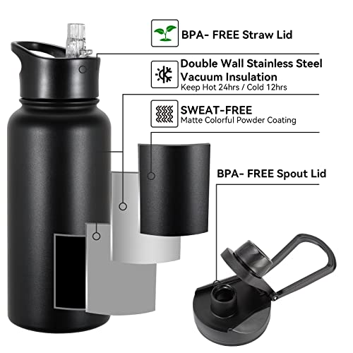 Vqrrcki 32 Oz Insulated Water Bottle Bulk 4 Pack, Stainless Steel Sports Water Bottles With Straw Lid & Wide Mouth Lids, Double Walled Vacuum, Leak Proof, Black #TOP3