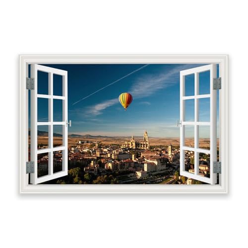 Toile montgolfière voyage vue fenêtre 70x105 cm pour décor de salon