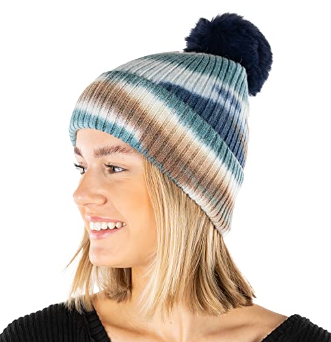 Funky Junque Tie Dye Faux Fur Colored Pom Beanie - Navy/Denim