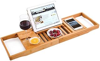 HANKEY Bamboo Bathtub Caddy Tray (Extendable) Luxury Spa Organizer with Folding Sides |