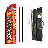 Tacos Burritos Mexican Food Feather Flag Pole Kit,Business Advertising For Mexican Restaurant Store Include 8 ft Banner Flags and 12 ft Flag Pole Kit,Heavy Duty Ground Stake and Portable Travel Bag (Red with Heavy Ground Stake)