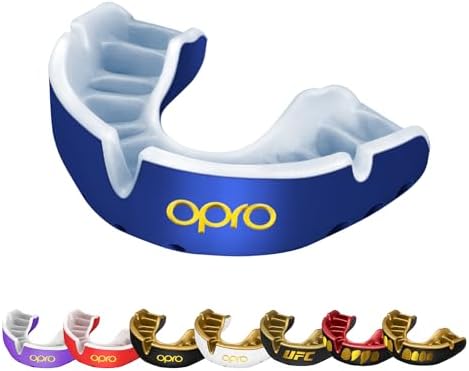 OPRO Gold Level Mouth Guard - Moldable Mouthguard with Premium Comfort Fit, and Multi-Layer Protection for Boxing, MMA, Rugby, Hockey, and Football Mouthpiece – Includes Case (Dark Blue/Pearl, Adult)