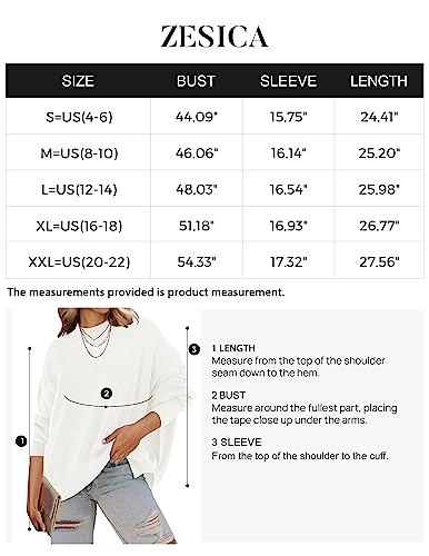 Zesica Women's 2023 Fall Casual Long Sleeve Crew Neck Side Slit Oversized Ribbed Knit Pullover Sweater Tops,White,Medium #TOP5