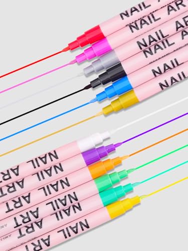 EBANKU Conjunto de 12 cores de canetas de arte de unhas, canetas de esmalte 3D de 0,7 mm, secagem rá