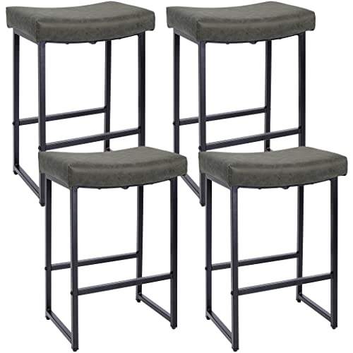 Maison Arts Grey Bar Stools Set Of 4 Counter Height 24 Inches Saddle Stools For Kitchen Counter Backless Modern Barstools Upholstered Faux Leather Stools Farmhouse Island Chairs, Grey, 4Pcs #TOP3