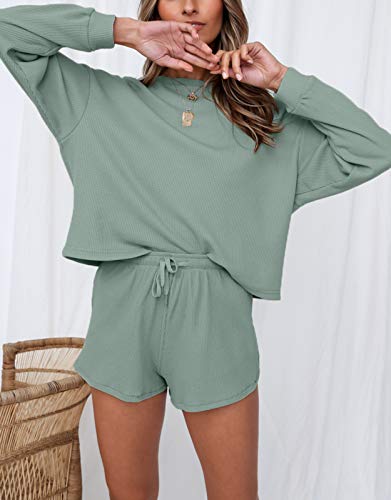 Zesica Women's Waffle Knit Long Sleeve Top And Shorts Pullover Nightwear Lounge Pajama Set With Pockets,Green,Small #TOP1