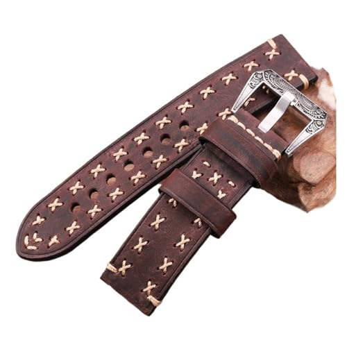Imagen de Genérico DSHDFJ Cowhide Wamkands Retro Hebilla de acero Tornillo de Tornillo Hebilla 22mm 24mm Hombres Mujeres Mujeres Cuero genuino Mano Hecho A Mano Cinta Correa Accesorios