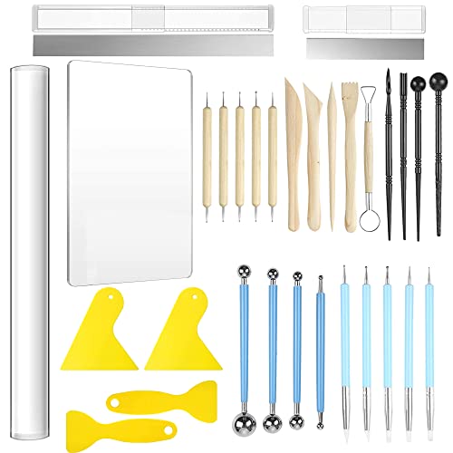 Allazone Set de Modelado y Escultura: Herramientas de Arcilla con Rodillo Acrílico para Tallado de Madera - 31 Piezas