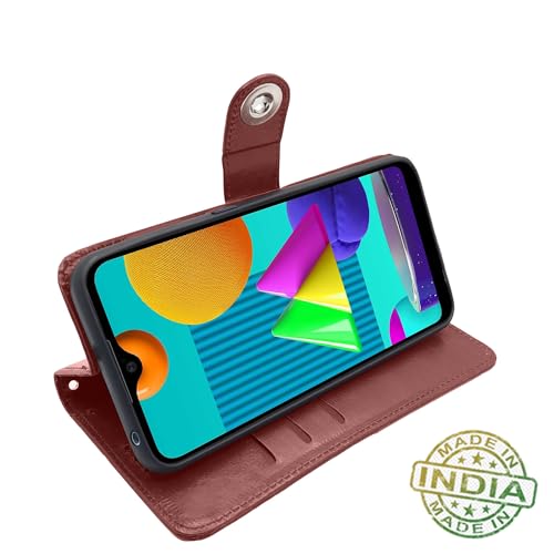 Image of Pikkme Samsung Galaxy M01 Flip Cover Leather Finish | Inside TPU with Card Pockets | Wallet Stand and Shock Proof | Complete Protection Flip Case (Button Brown)